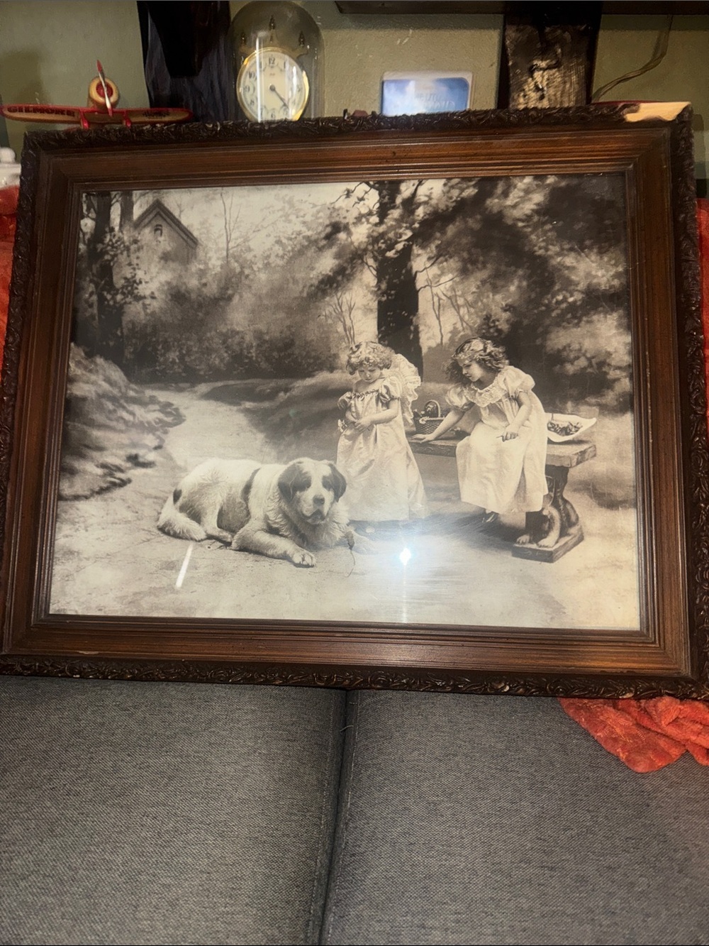 Antique Victorian/Edwardian Era Child & Dog Garden Scene Lithograph